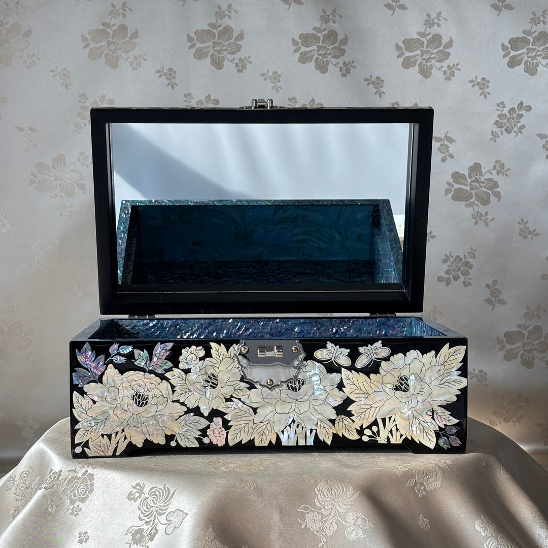 Mother of Pearl Jewelry Box with Peacock and Peony Motif