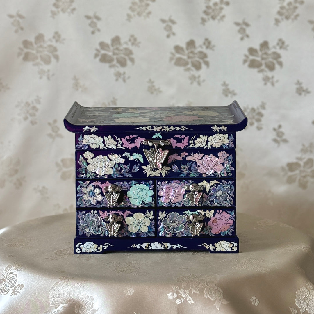 Mother of Pearl Cobalt Jewelry Box with Butterfly and Peony Pattern