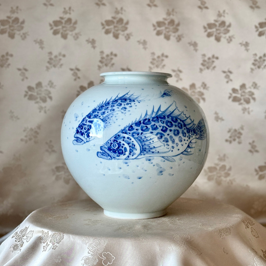 White Porcelain Vase with Cobalt Blue Underglaze Mandarin Fish Design