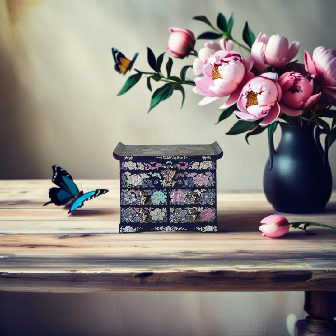 Mother of Pearl Cobalt Jewelry Box with Butterfly and Peony Pattern