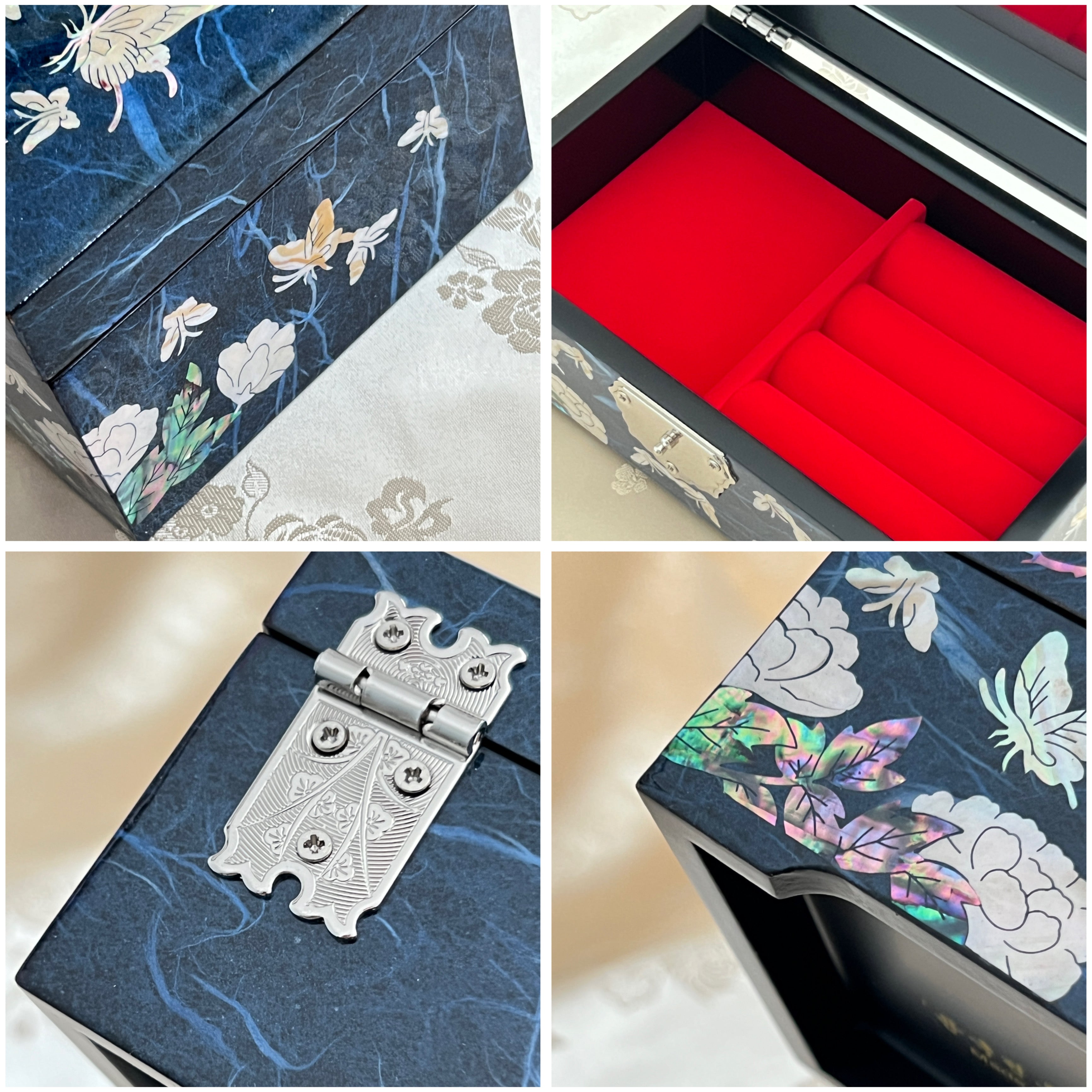 Close up view of Handmade Korean mother of pearl jewelry box with crane and pine pattern on navy paper-layered design, perfect for storing valuable jewelry.