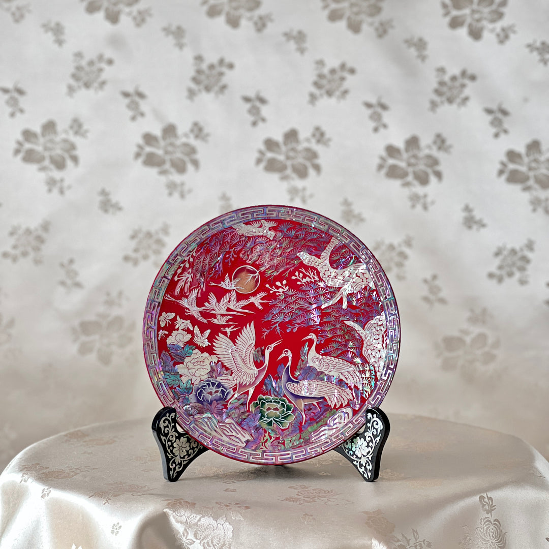 Mother of Pearl Red Plate with Crane and Pine Pattern