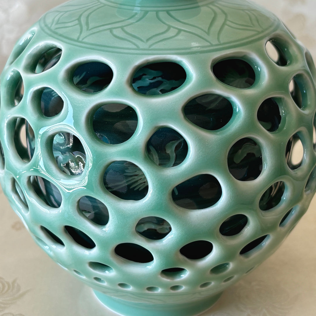 Celadon Double-Wall Openwork Vase with Intricate Carved Lotus, Crane and Cloud Design