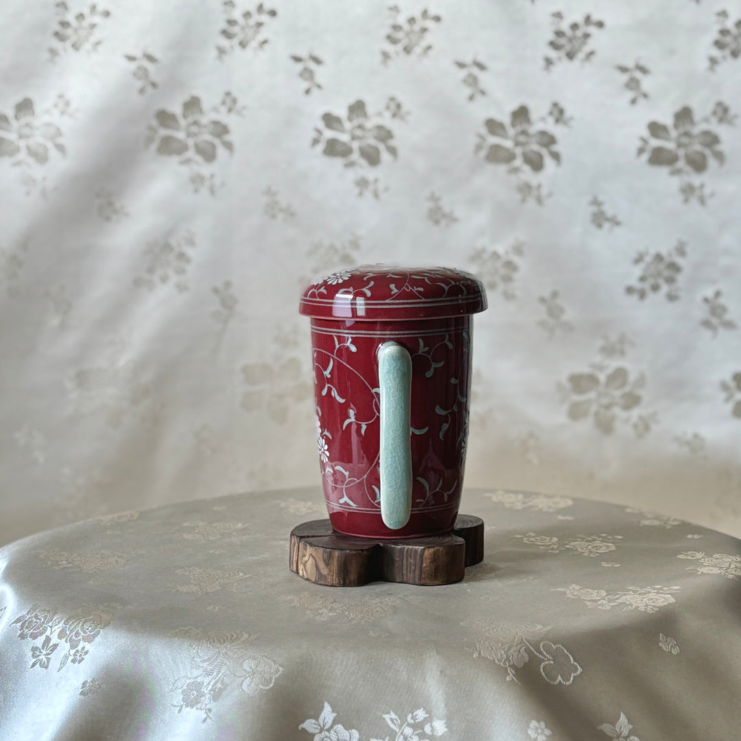 Red Celadon Mug Set: Two Long Tea Cups with Inlaid Chrysanthemum and Vine Motif