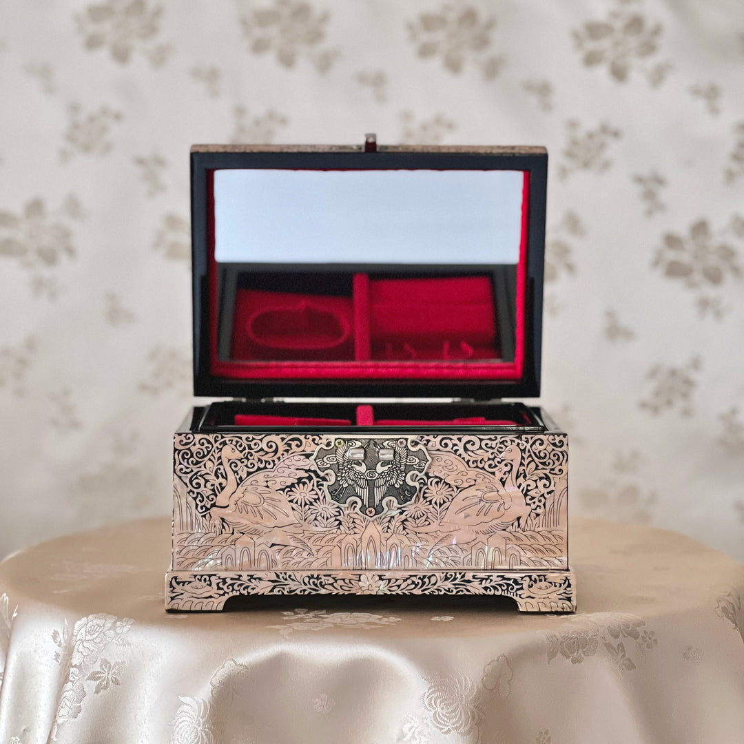 Mother of Pearl Beige Jewelry Box with Crane, Butterfly and Vine Pattern