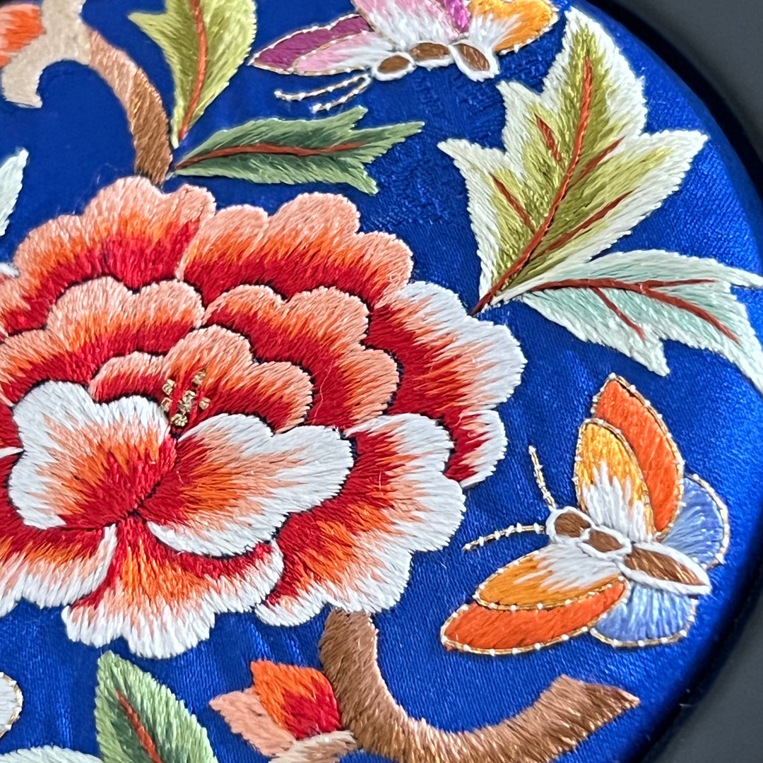 Navy Silk Embroidered Peony and Butterfly Hexagonal Storage Box