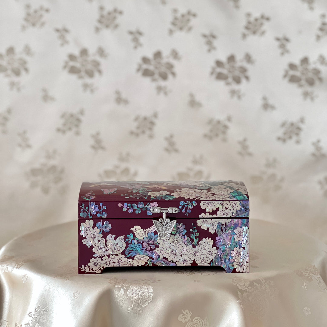 Mother of Pearl Handmade Wine Color Jewelry Box with Butterfly, Bird and Plum Blossom Tree Pattern (자개 호접 매조문 보석함)