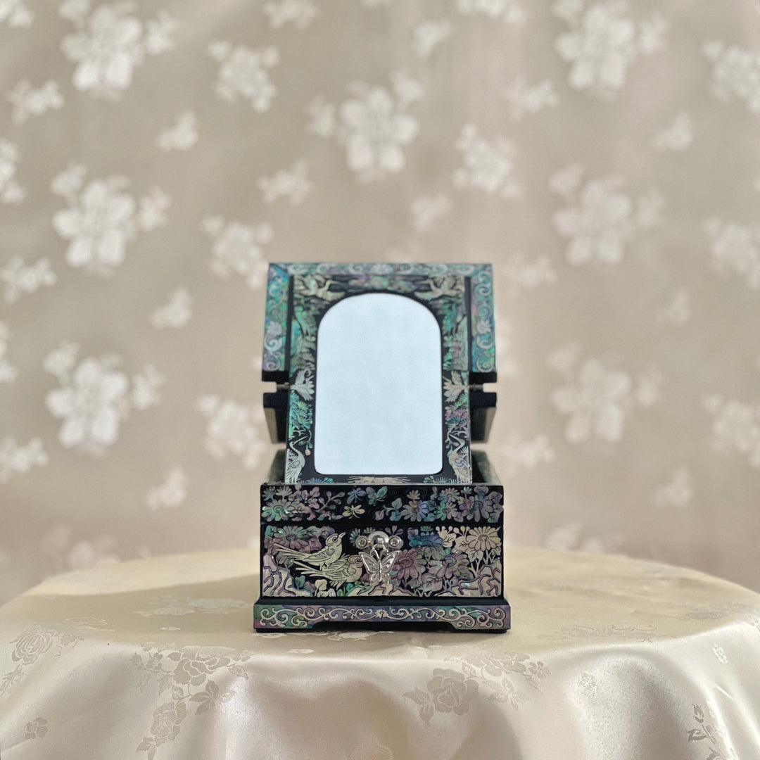 Mother of Pearl Small Size Jewelry Box with Mirror Stand and Pattern of Longevity Symbols