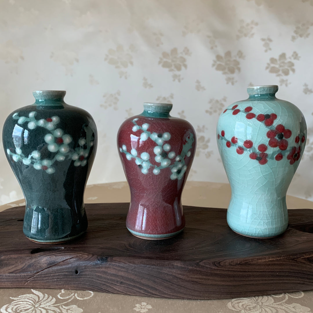 Celadon Set of Three Miniature Vases with Plum Blossom Pattern