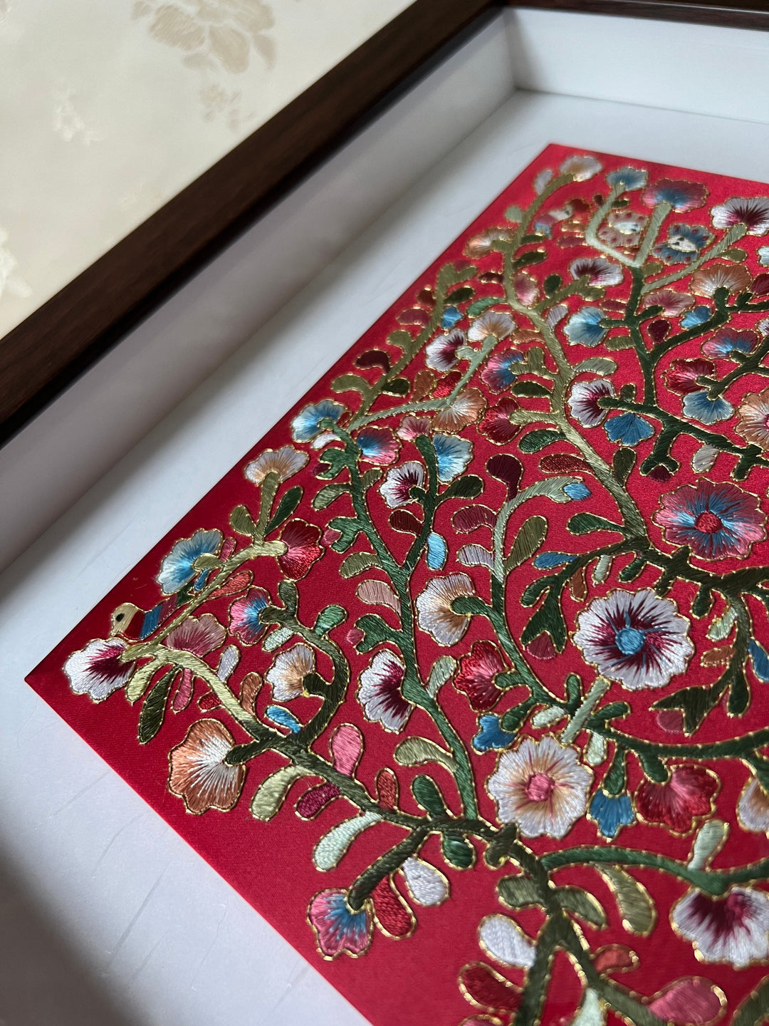 Embroidery with Vine Pattern on Red Silk in Wooden Frame