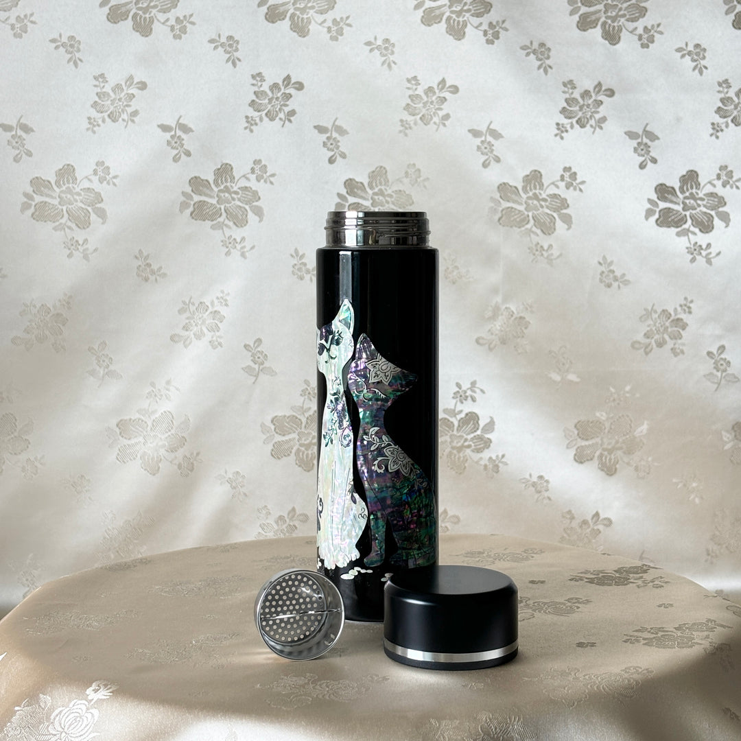 Mother of Pearl Black Stainless Thermal Bottle with Cats Pattern