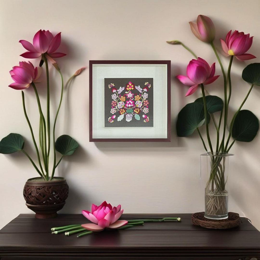 Embroidery with Potted Lotus Pattern in Wooden Frame