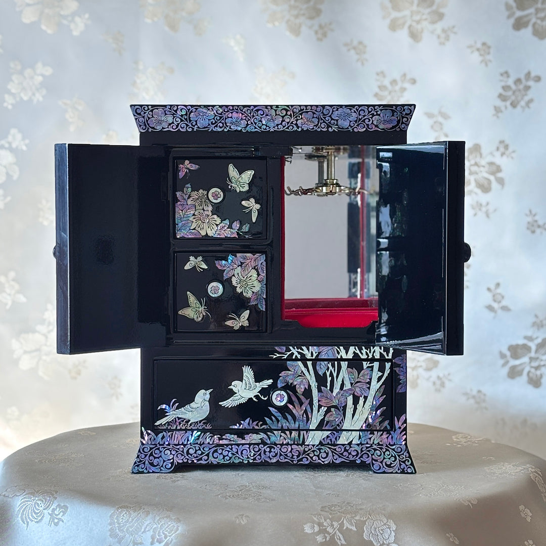 Mother of Pearl Double Doored Wooden Jewelry Box with Peony, Butterfly and Bird Pattern