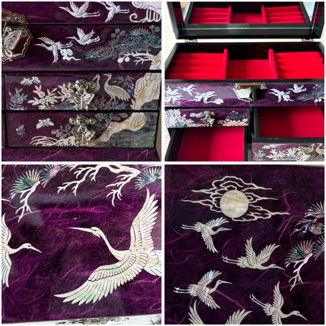 Mother of Pearl Purple Hanji Layered Jewelry Box with Crane and Pine Tree Pattern