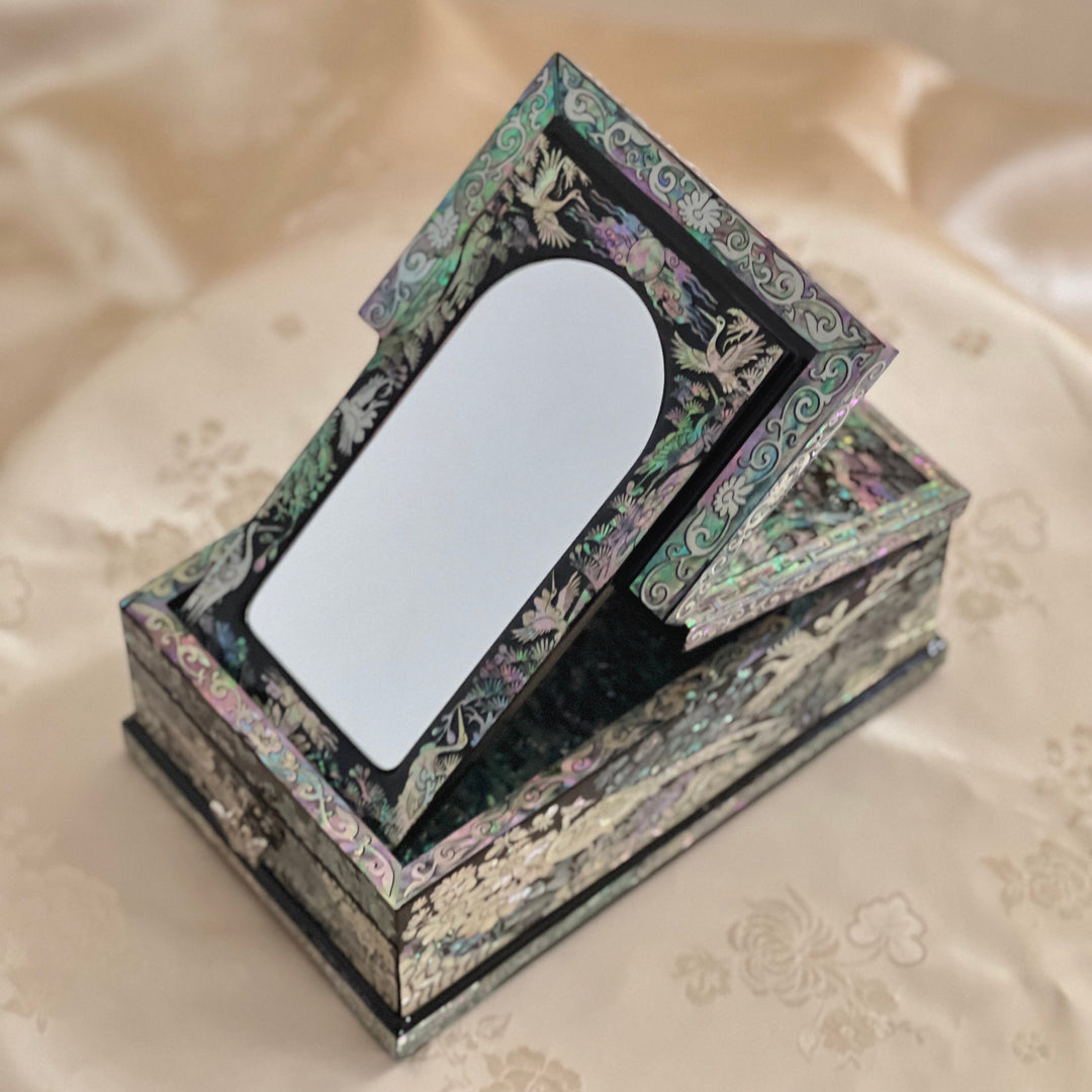 Mother of Pearl Small Size Jewelry Box with Mirror Stand and Pattern of Longevity Symbols