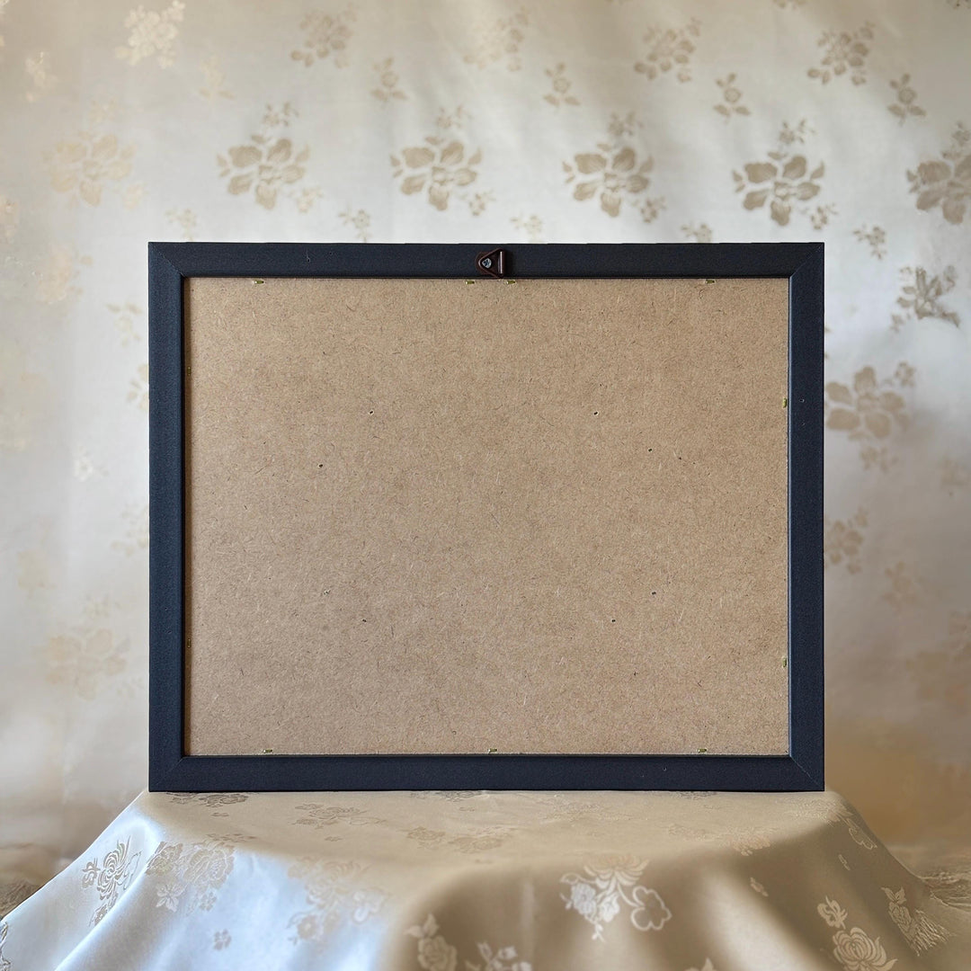 Embroidery with Vine Pattern on Navy Silk in Wooden Rectangle Frame