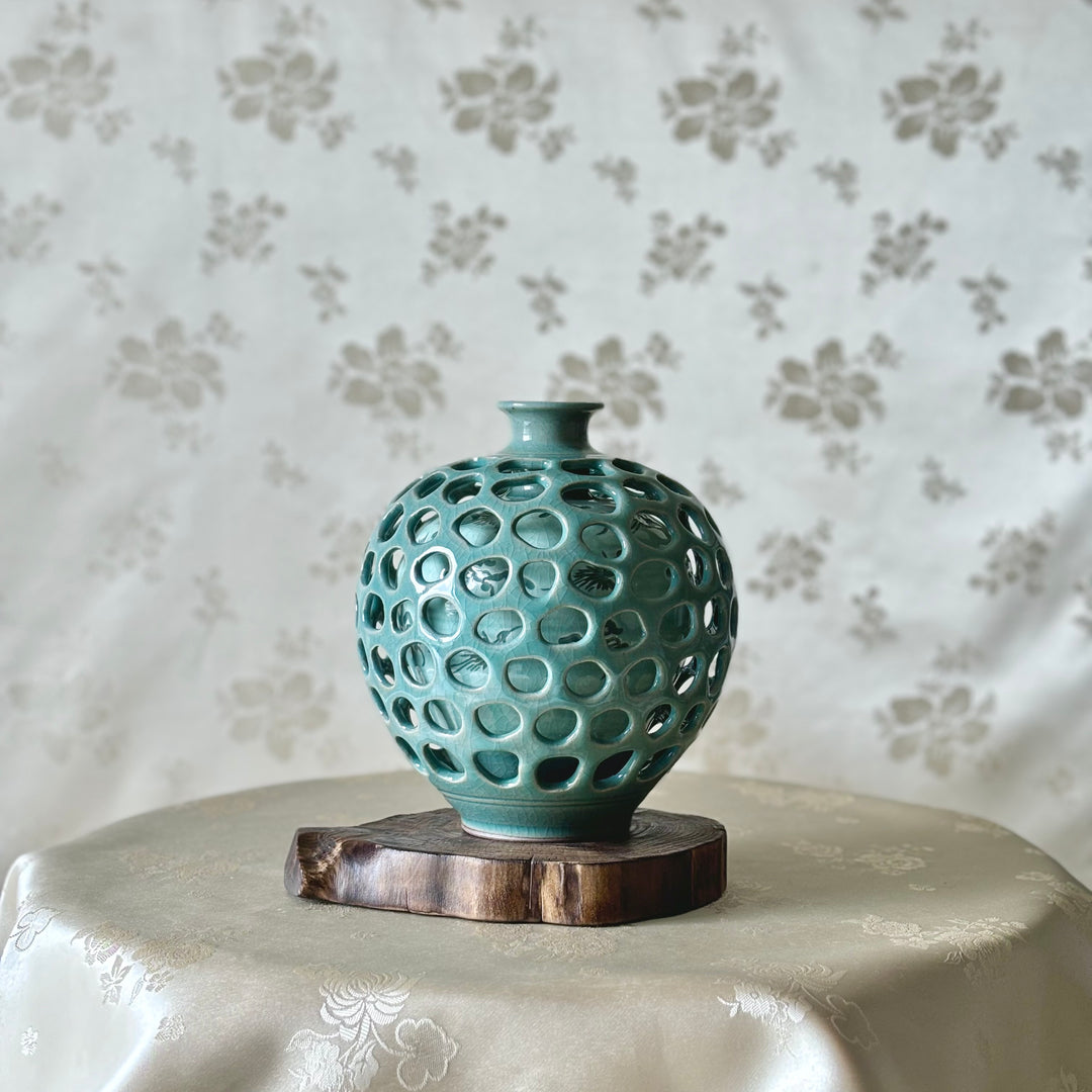 Celadon Double-Wall Openwork Vase with Intricate Carved Crane and Cloud Design