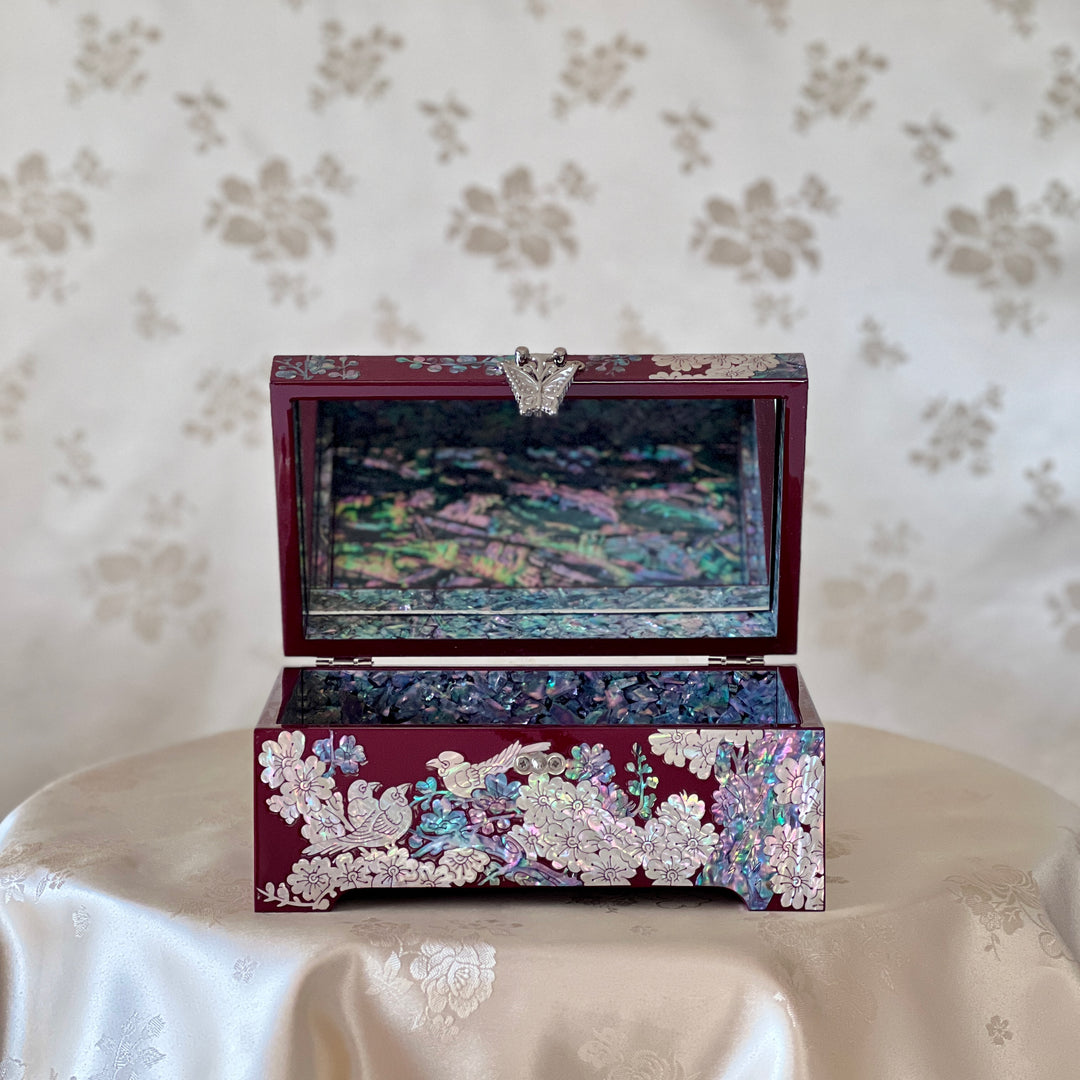 Mother of Pearl Handmade Wine Color Jewelry Box with Butterfly, Bird and Plum Blossom Tree Pattern (자개 호접 매조문 보석함)