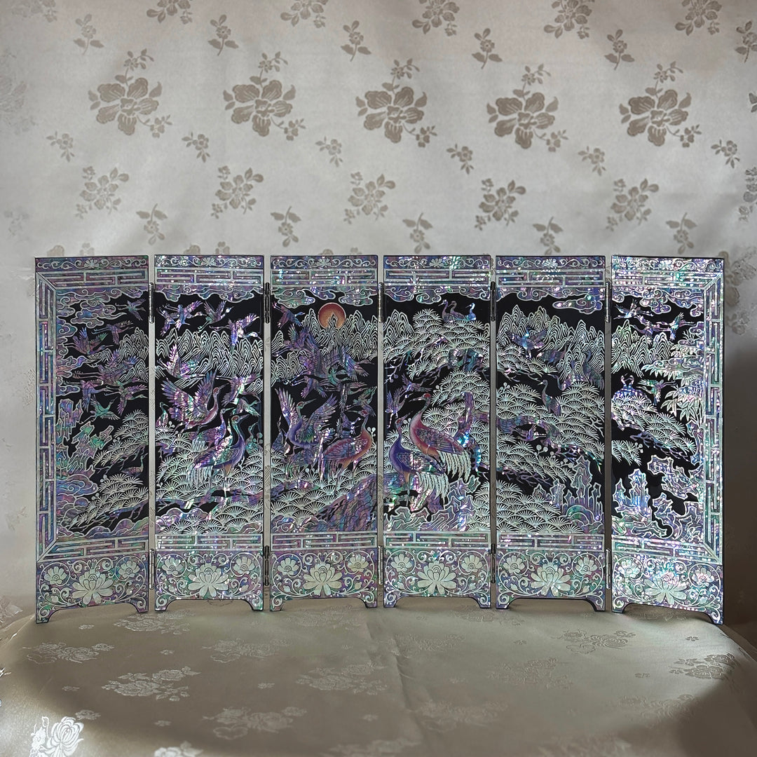 Mother of Pearl Six-Panel Folding Screen with Longevity Symbols