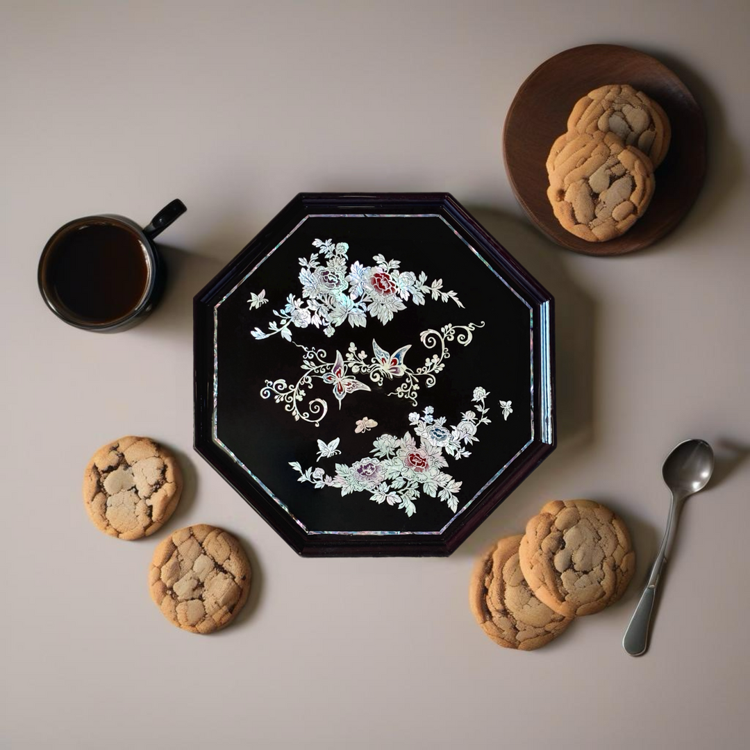 Mother of Pearl Octagon Plate with Peony and Butterfly Pattern