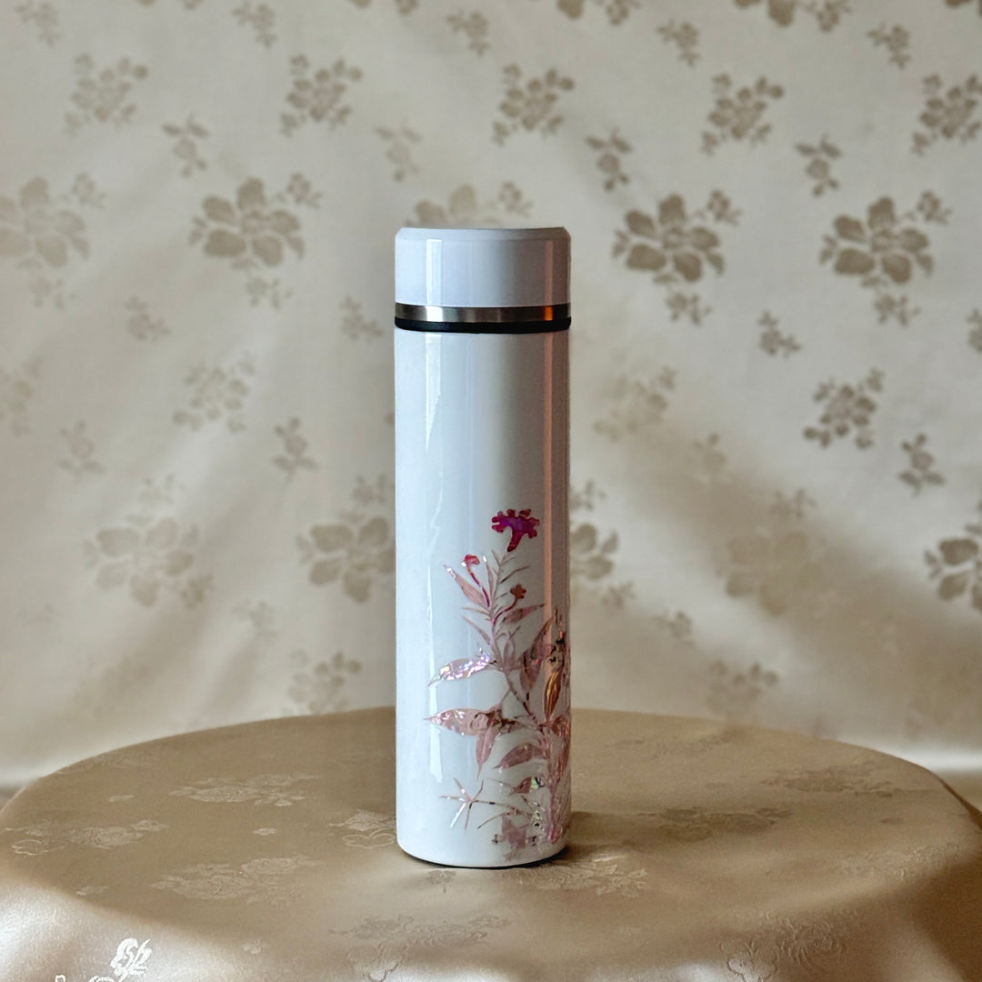 Mother of Pearl White Stainless Thermal Bottle with Pattern of Celosia Cristata and Frog