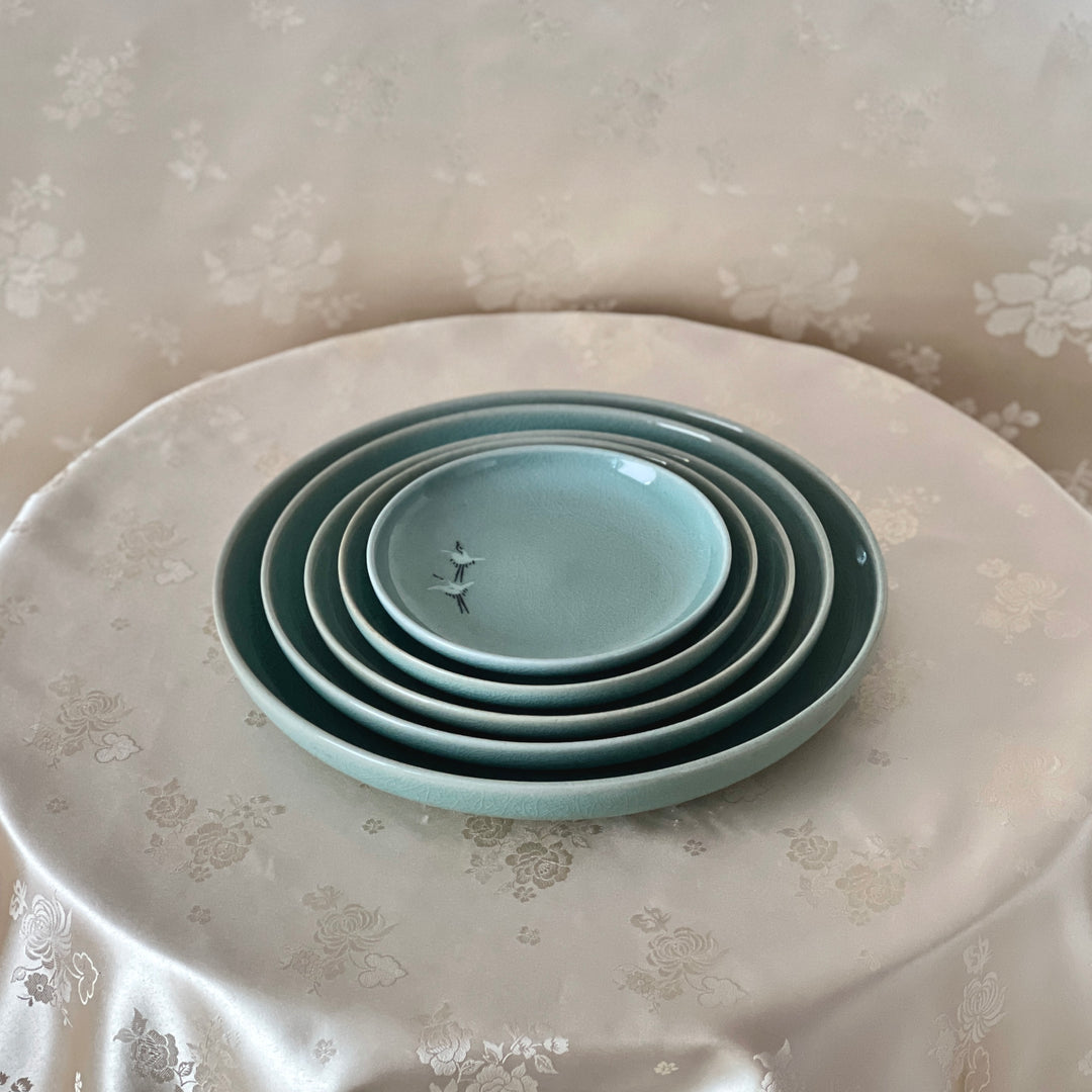 Celadon Plate Set with Inlaid Crane Motif