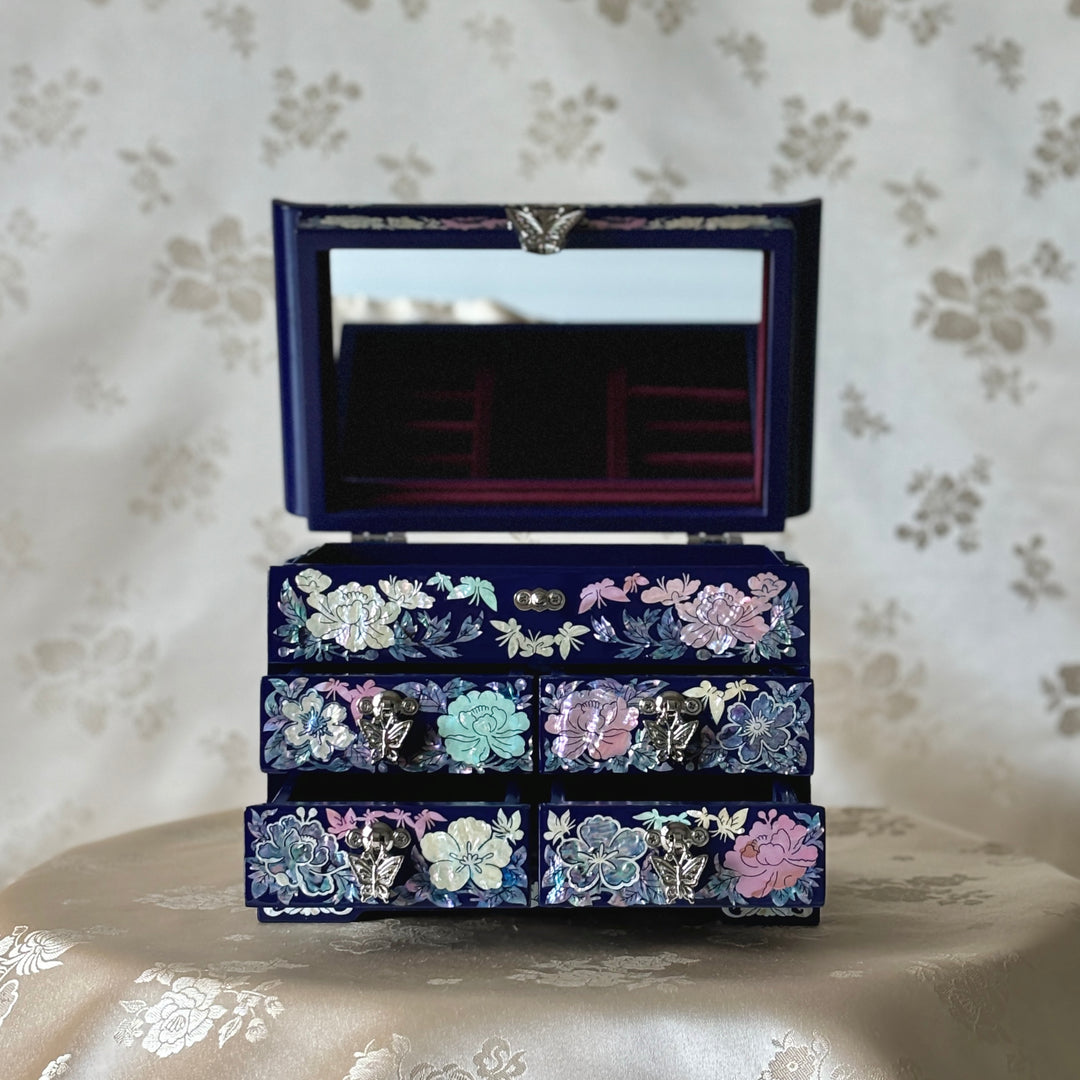 Mother of Pearl Cobalt Jewelry Box with Butterfly and Peony Pattern