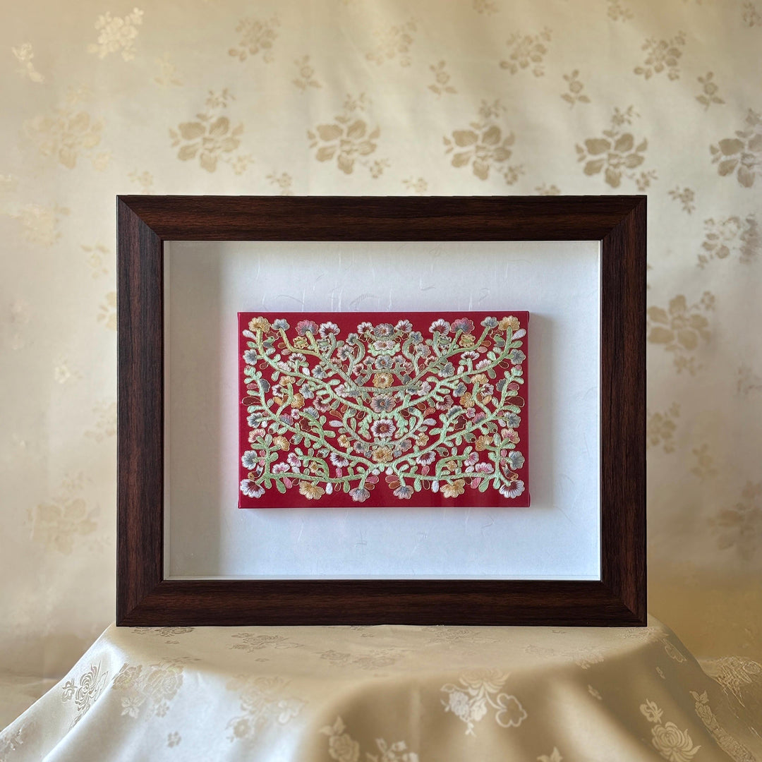 Embroidery with Vine Pattern on Red Silk in Wooden Rectangle Frame