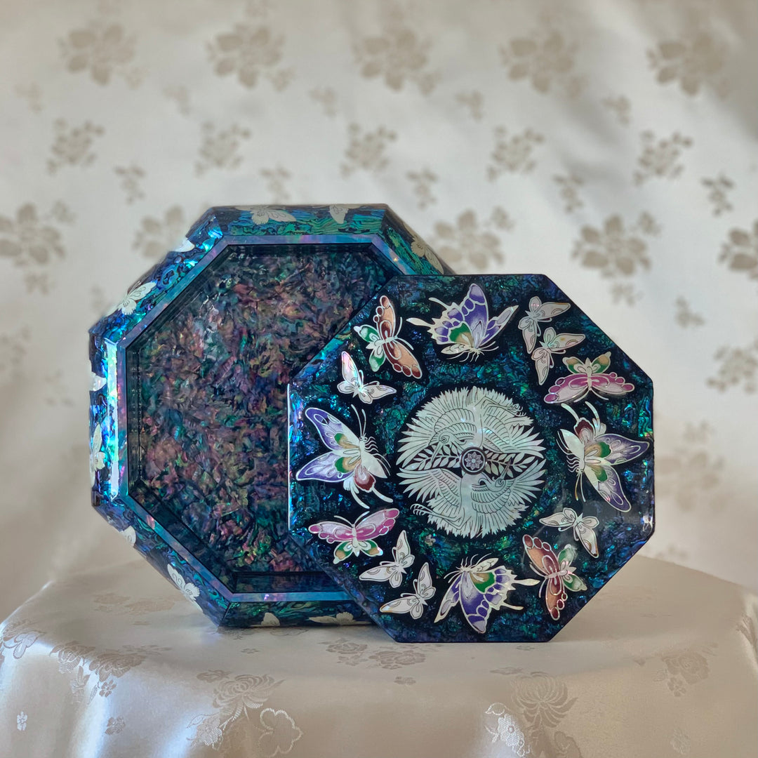 Mother of Pearl Octagon Jewelry Box with Crane and Butterfly Pattern