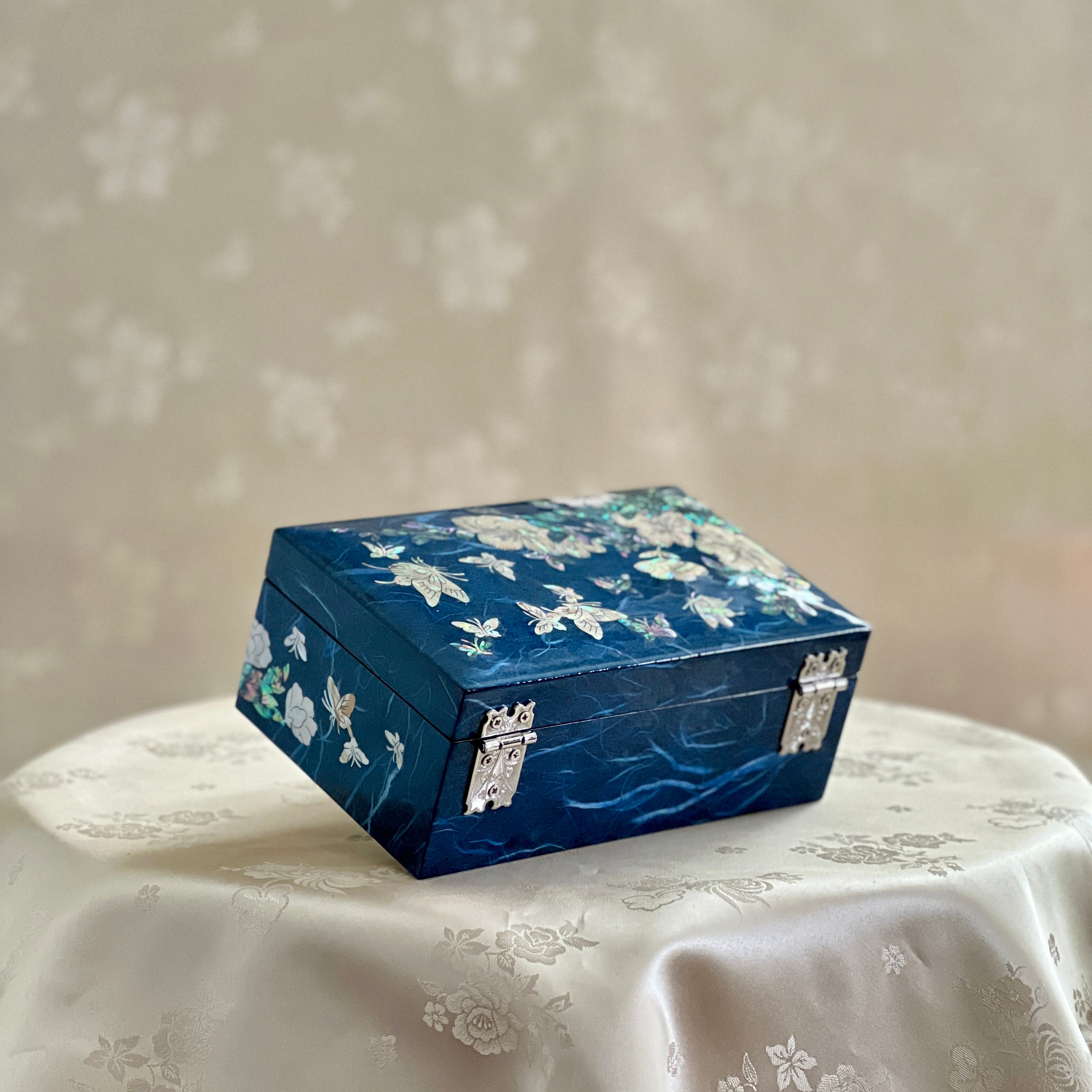 Side and Back view of Handmade Korean mother of pearl jewelry box with crane and pine pattern on navy paper-layered design, perfect for storing valuable jewelry.