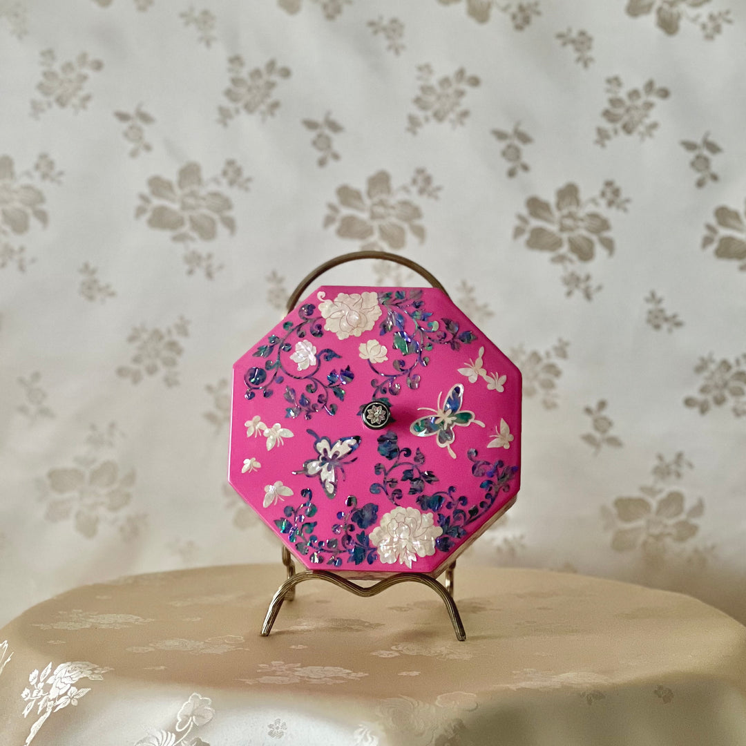 Mother of Pearl Octagon Pink Jewelry Box with Peony and Butterfly Pattern