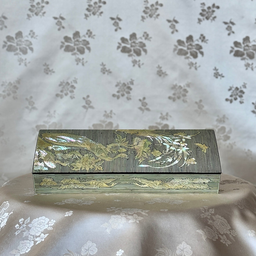 Mother of Pearl Cutlery Box with Peacock and Orchid Design