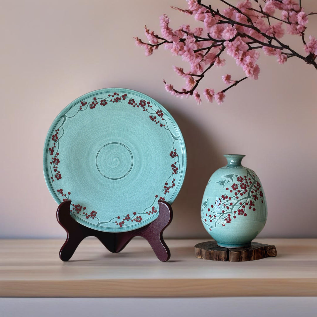 White Celadon Set of Plate and Vase with Plum Blossom Pattern