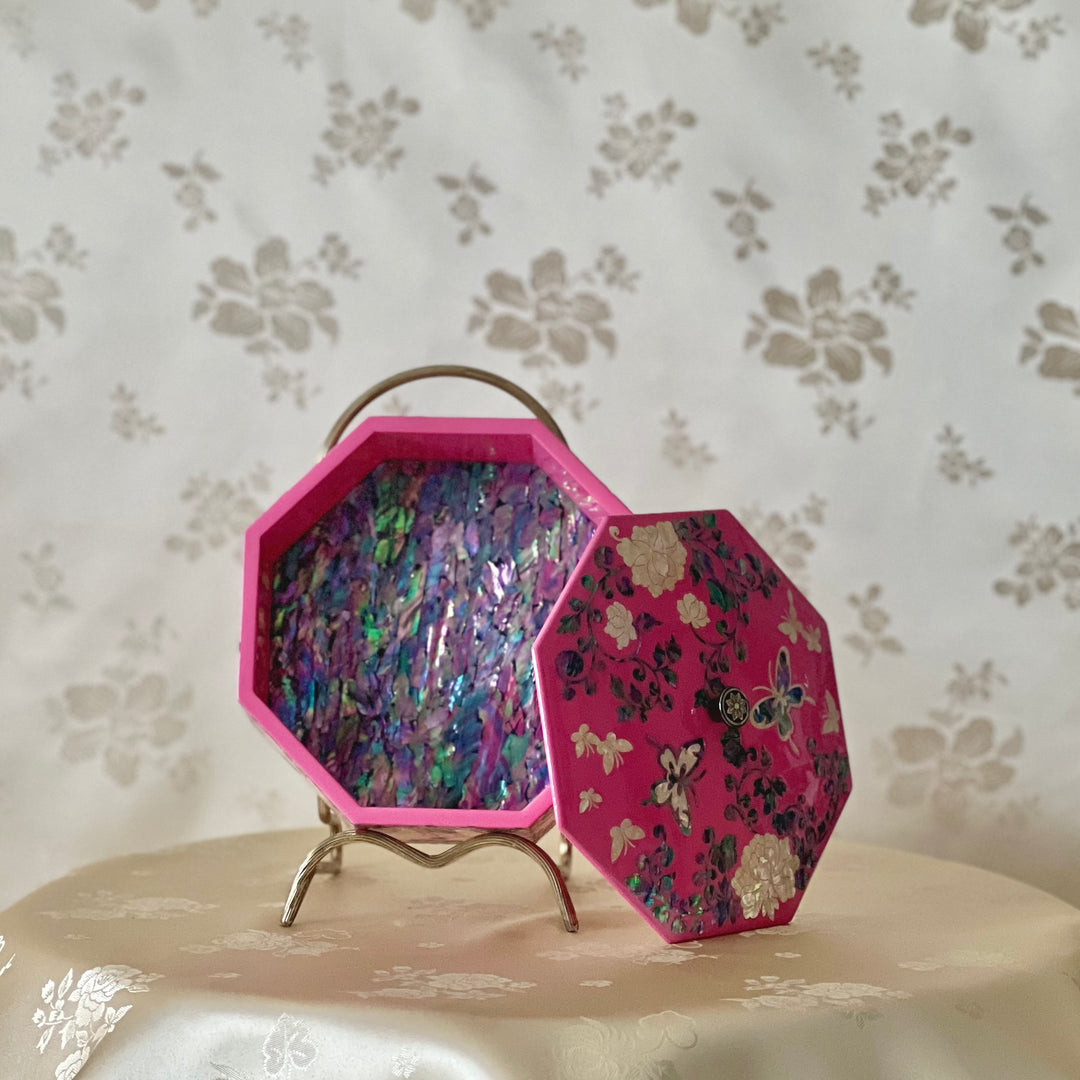 Mother of Pearl Octagon Pink Jewelry Box with Peony and Butterfly Pattern