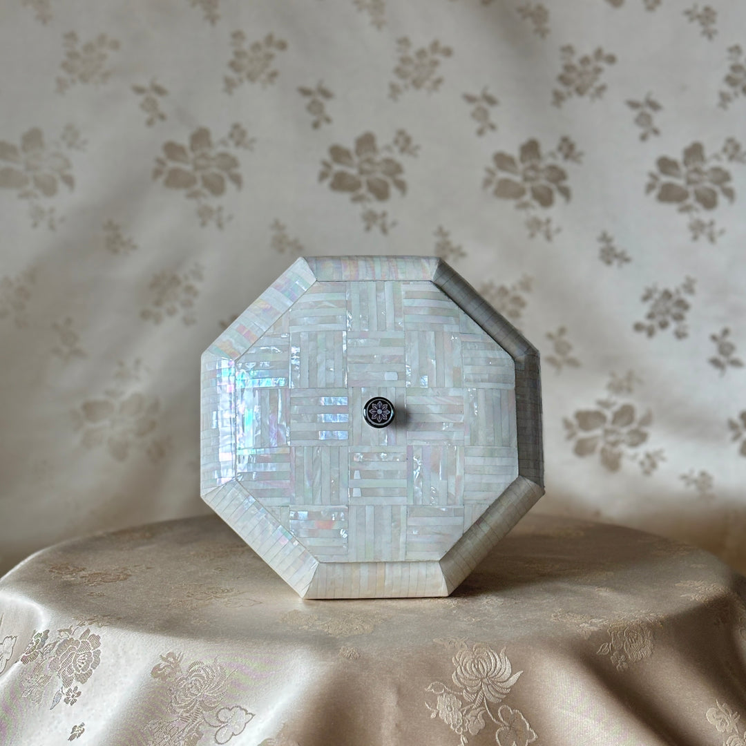 White Mother of Pearl Octagon Jewelry Box with Mosaic Design