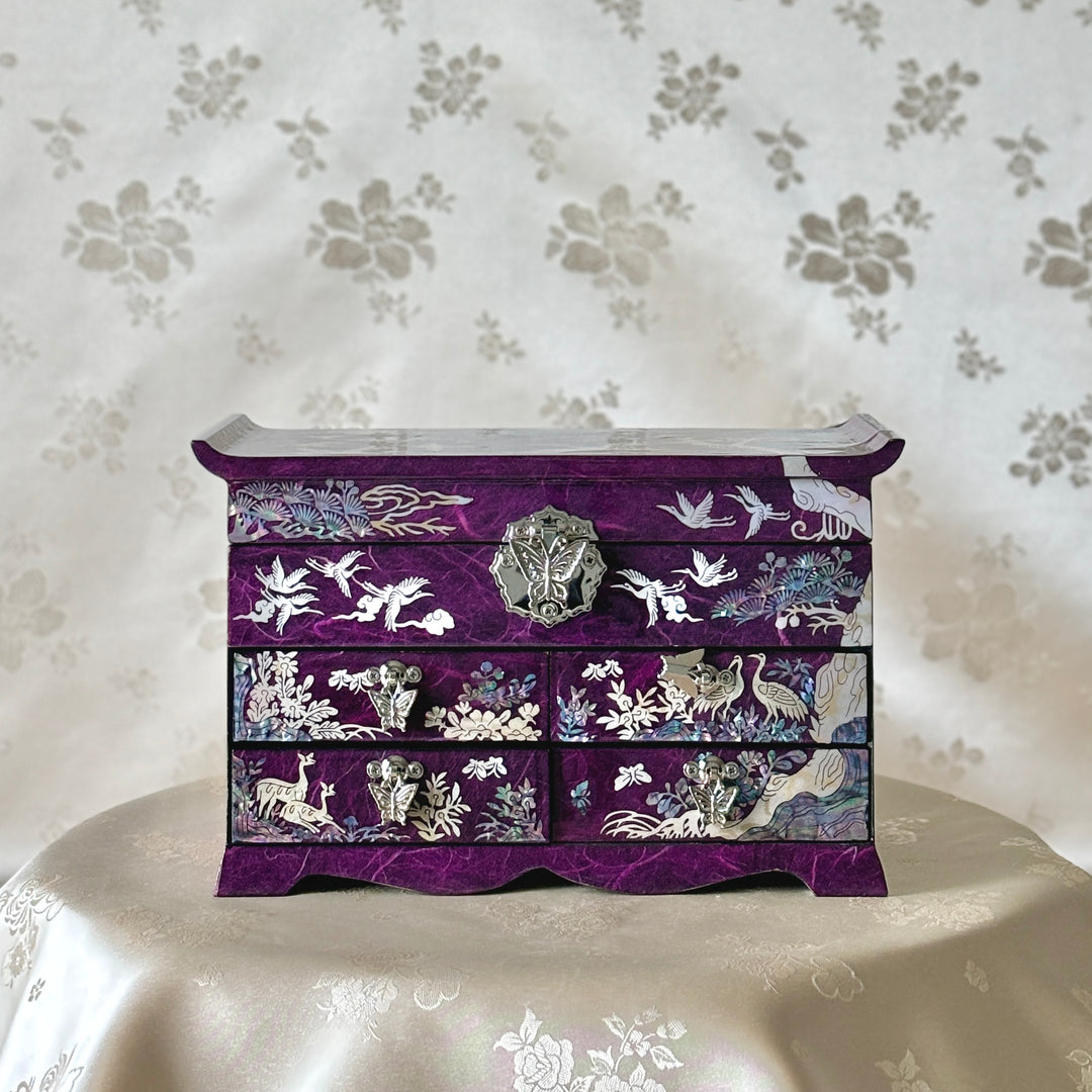 Mother of Pearl Purple Hanji Layered Jewelry Box with Crane and Pine Tree Pattern