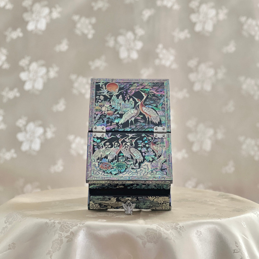 Mother of Pearl Small Size Jewelry Box with Mirror Stand and Pattern of Longevity Symbols