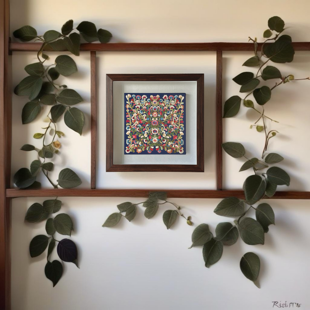 Embroidery with Vines Pattern on Dark Navy Silk in Wooden Frame