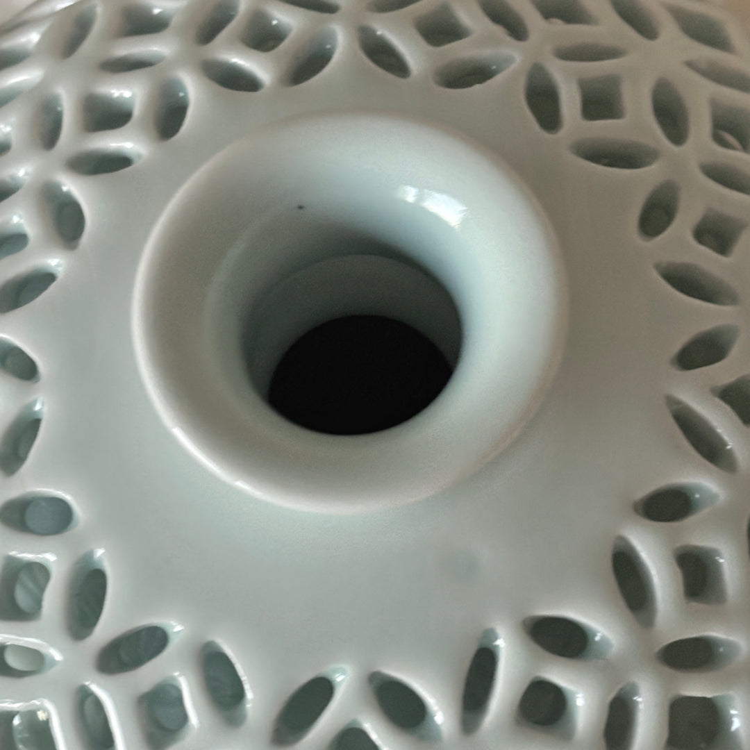 White Porcelain Double Wall Openwork Vase with Inlaid Crane Design and Chilbo Motif