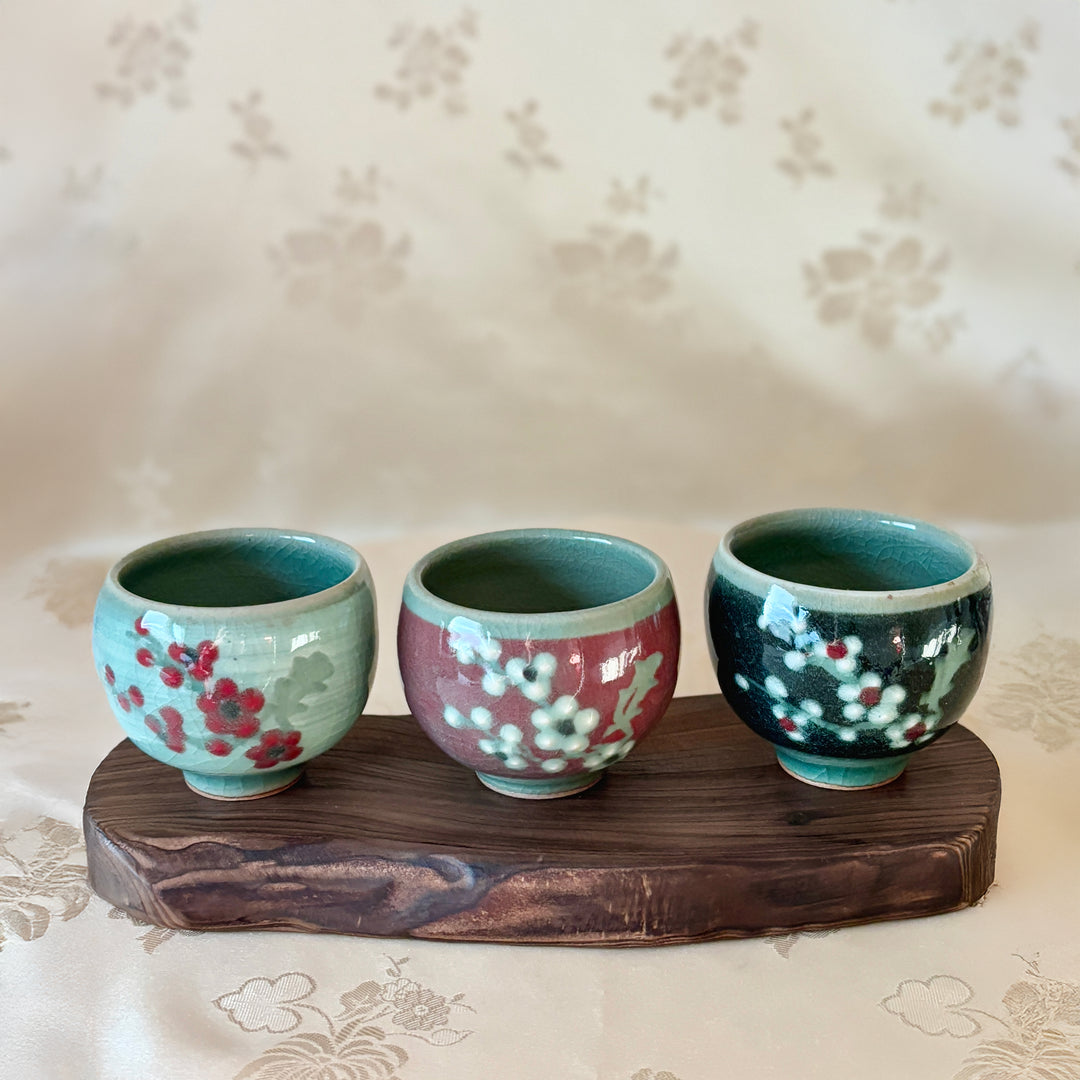 Celadon Cup Set with Distinct Color Inlays: Plum Blossom Motif