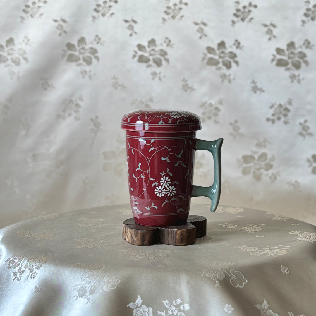 Red Celadon Mug Set: Two Long Tea Cups with Inlaid Chrysanthemum and Vine Motif