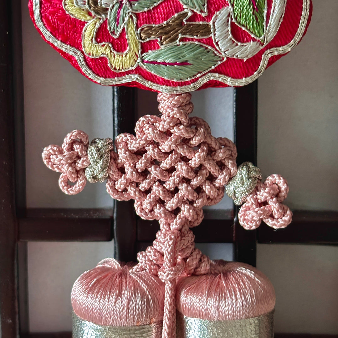 Peony Embroidered Norigae with Double Tassel and Frame