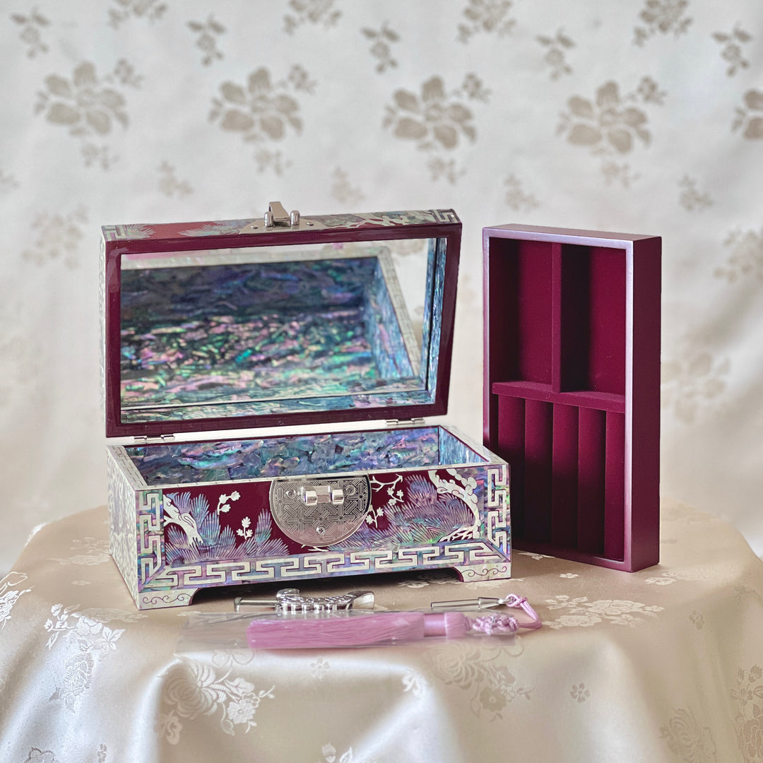 Mother of Pearl Wooden Jewelry Box with Pine Tree and Crane Pattern