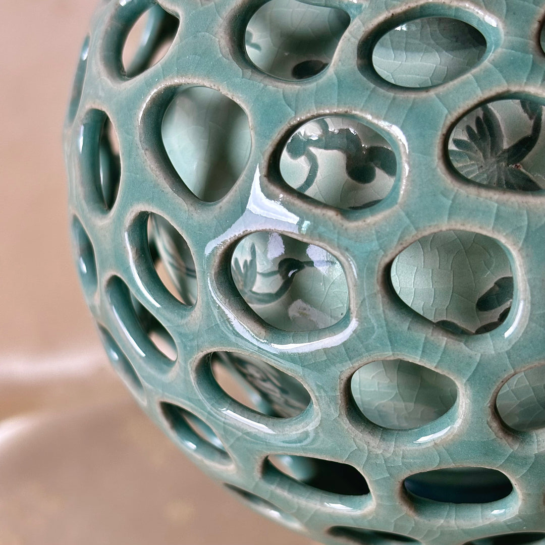 Celadon Double-Wall Openwork Vase with Intricate Carved Crane and Cloud Design