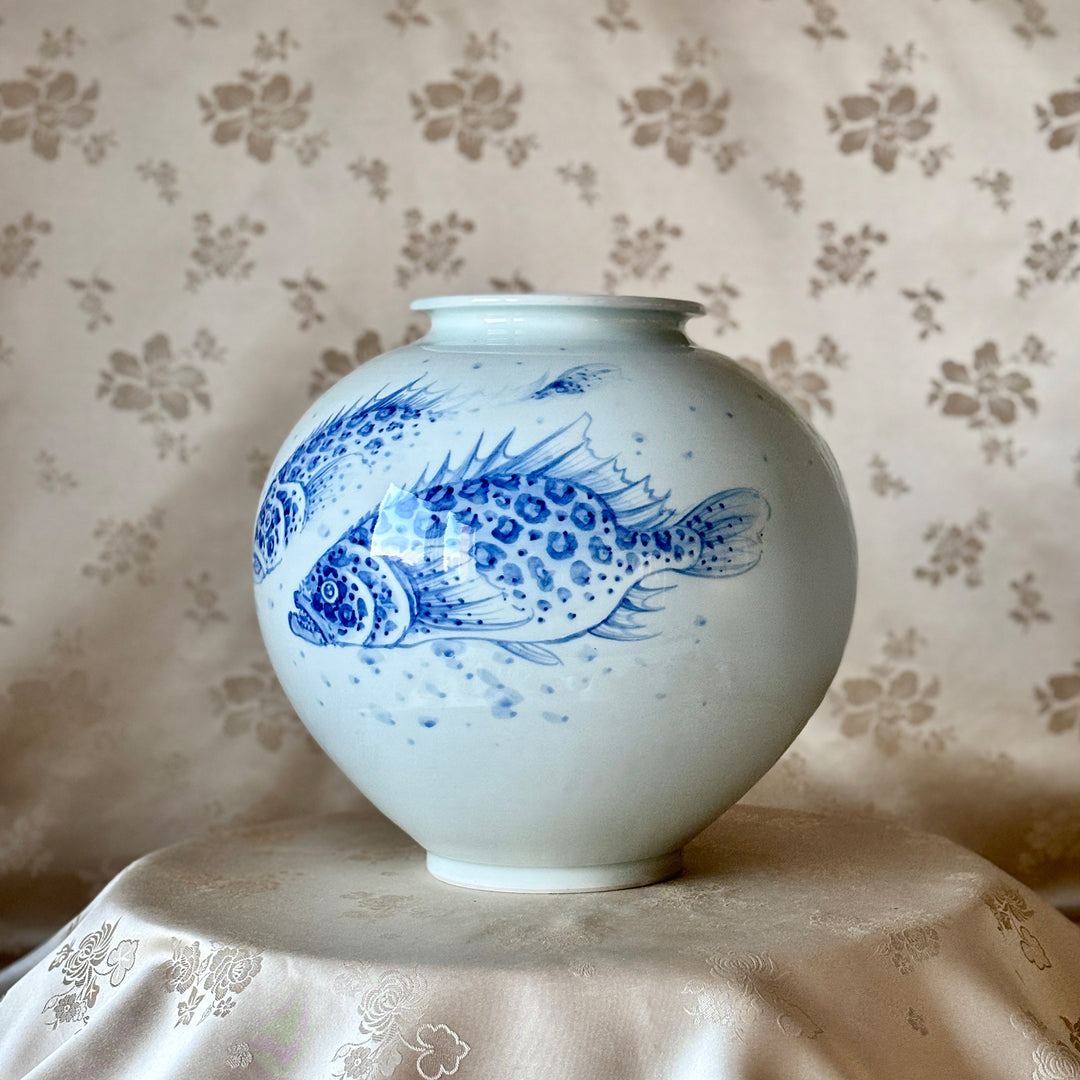 White Porcelain Vase with Cobalt Blue Underglaze Mandarin Fish Design