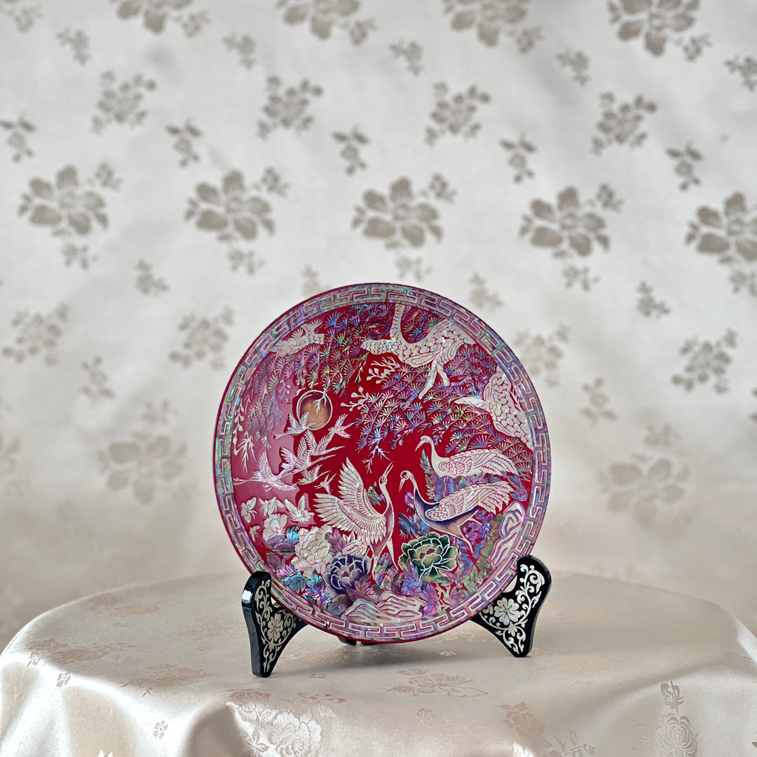 Mother of Pearl Red Plate with Crane and Pine Pattern