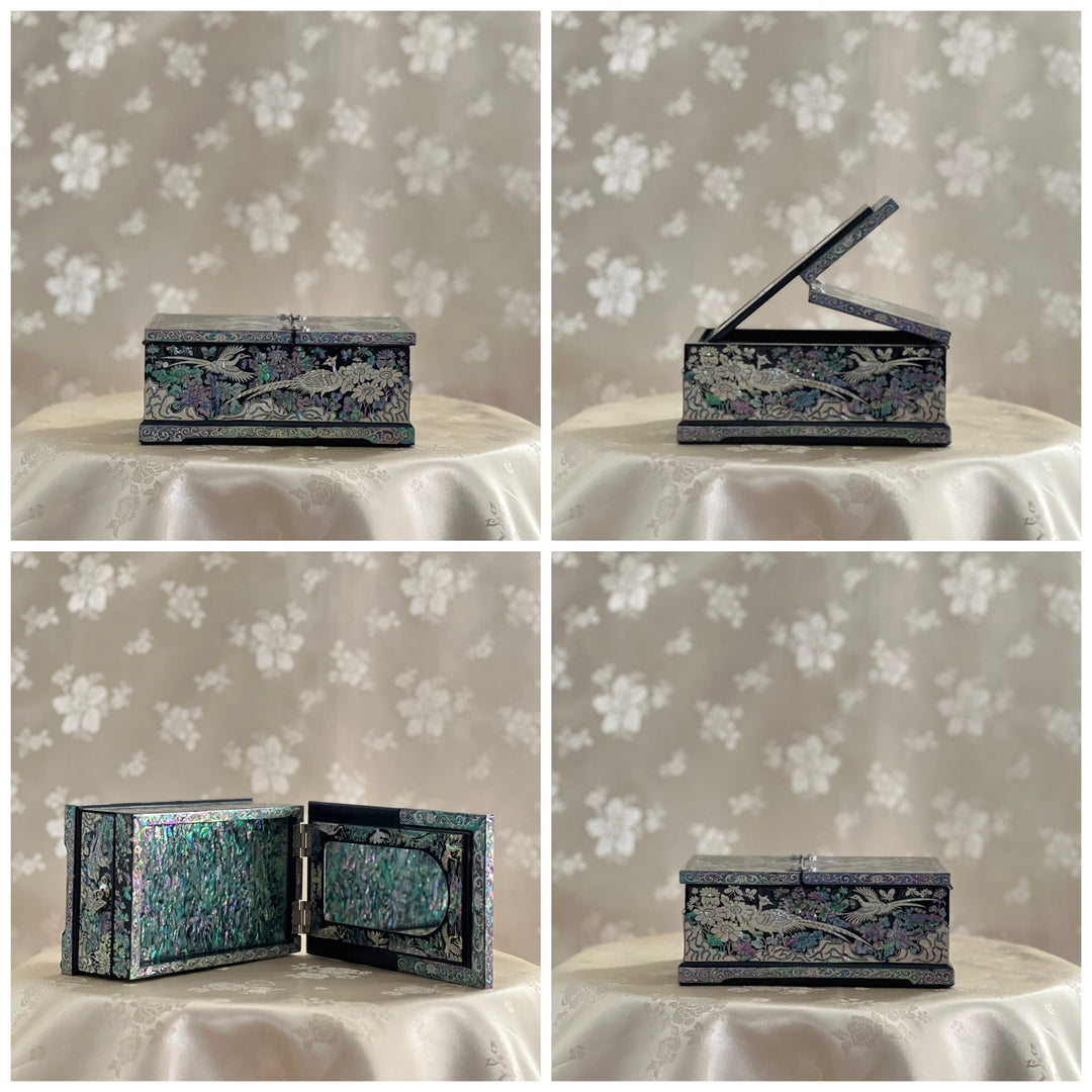 Mother of Pearl Small Size Jewelry Box with Mirror Stand and Pattern of Longevity Symbols