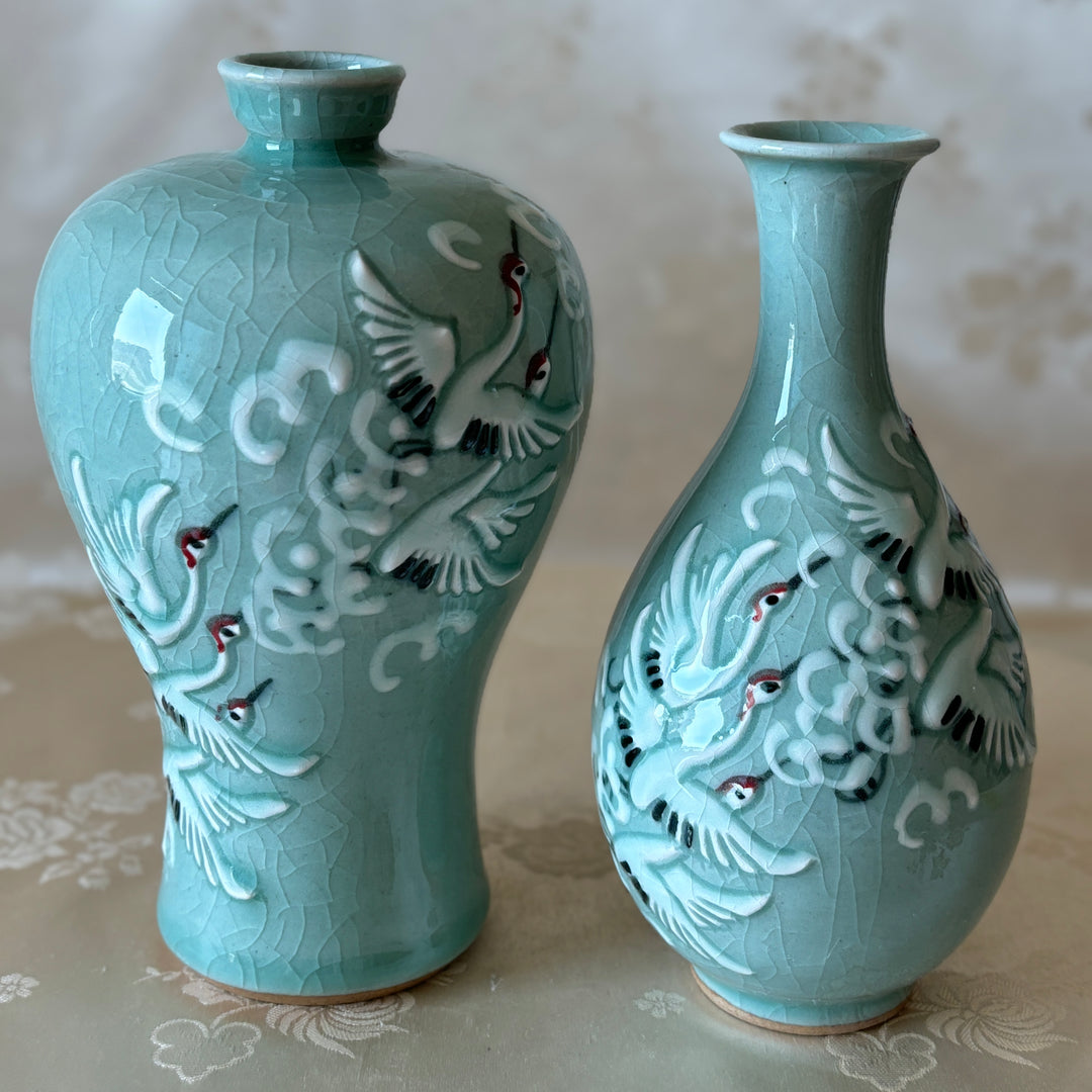 Celadon Vase Set with Embossed Flying Crane and Cloud Pattern