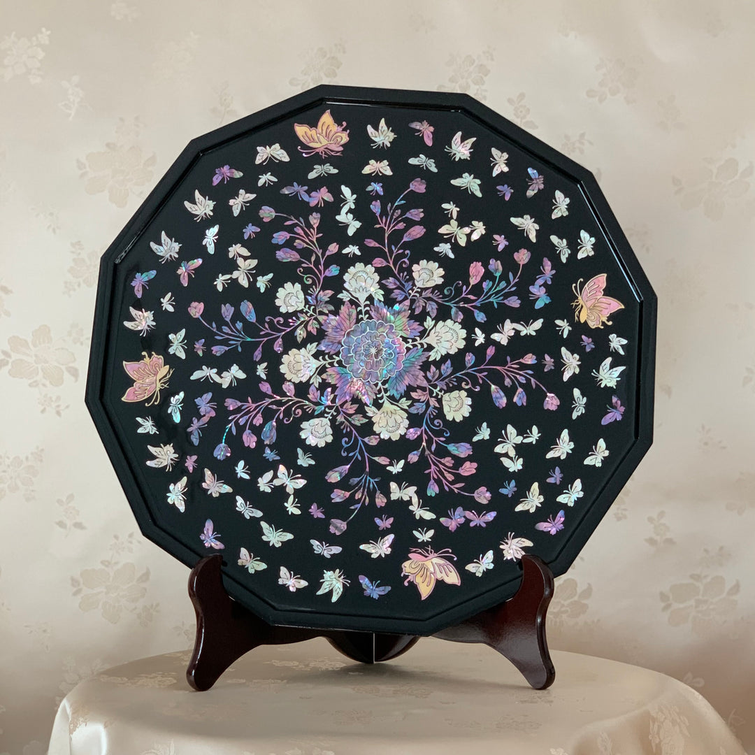 Mother of Pearl Dodecagon Black Wooden Tray with Peony and Butterfly Pattern