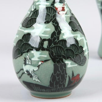 Celadon Vase Set with Inlaid Pine Tree and Crane Pattern